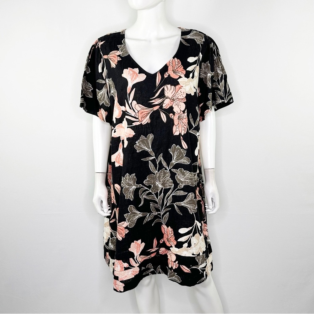 Original Nicole Miller Black Floral Print Linen T-Shirt Dress Size XXL Casual